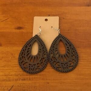 Neutral Bohemian Lightweight Wooden Laser Cut Tear Drop French Wire Earrings